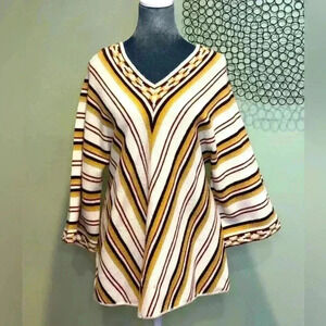 Cuddle Knit Vintage Cream Striped Brown, Black V-Neck Sweater- Size Medium